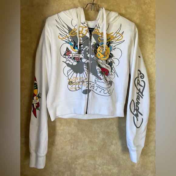 Ed Hardy Juniors Cropped White Hoodie with Tattoo Graphic Retro 90s XL - Picture 3 of 11